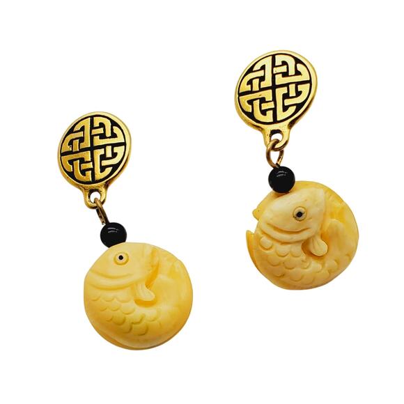 Carved Koi Fish Drop Earrings Asian Pierced Dangle Gold Tone Symbol Black Bead - Picture 5 of 8